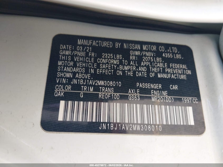 VIN JN1BJ1AV2MW308010 2021 NISSAN ROGUE SPORT S FWD XTRONIC CVT