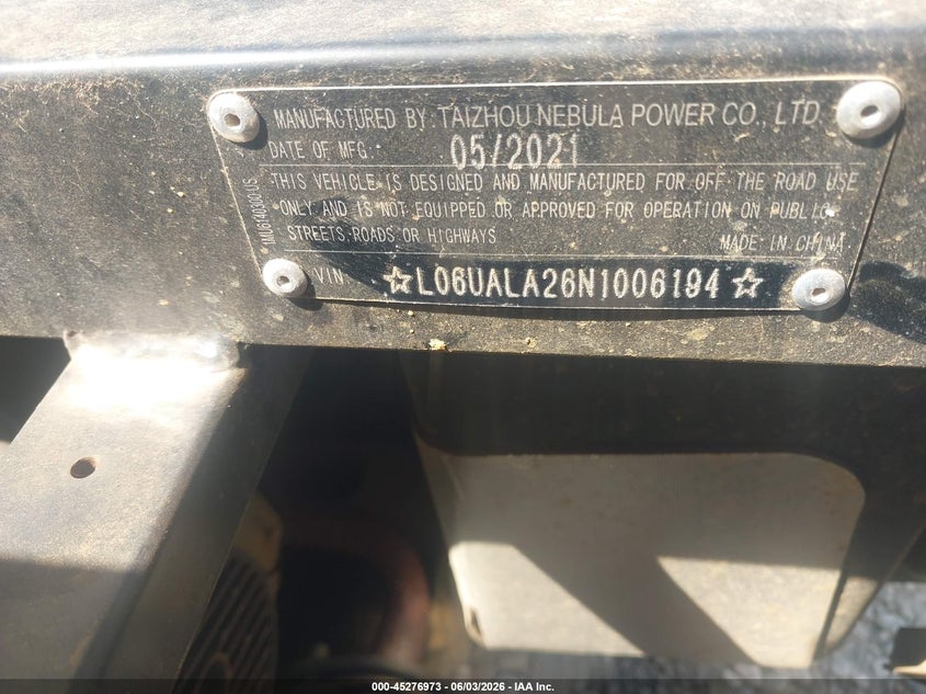 VIN L06UALA26N1006194 2022 TAIZHOU SSR