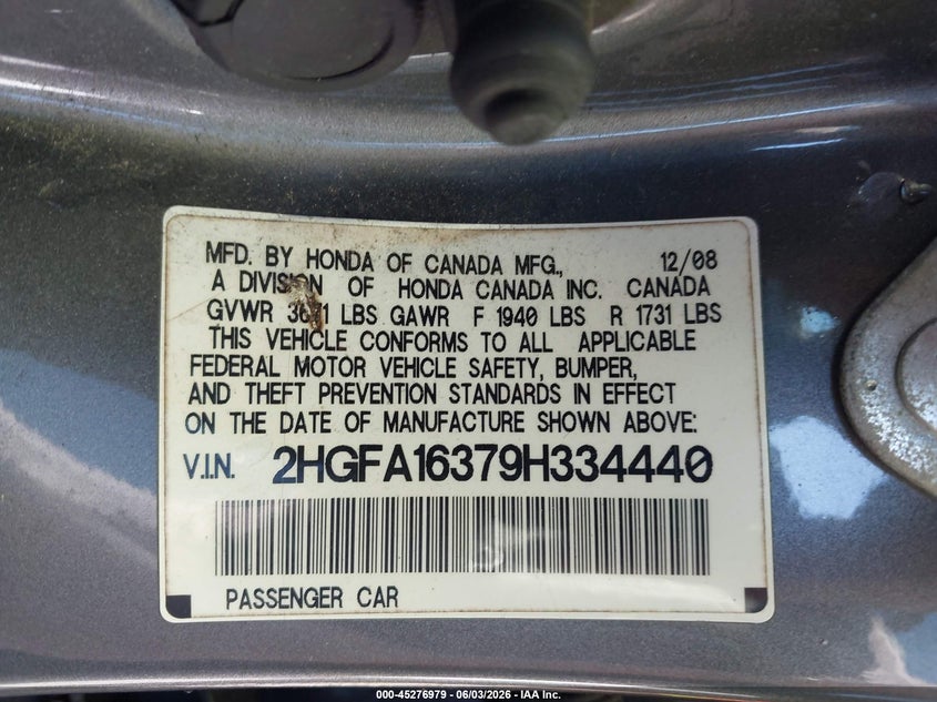 2009 HONDA CIVIC SEDAN 1.8L I-4 VVT, 140HP