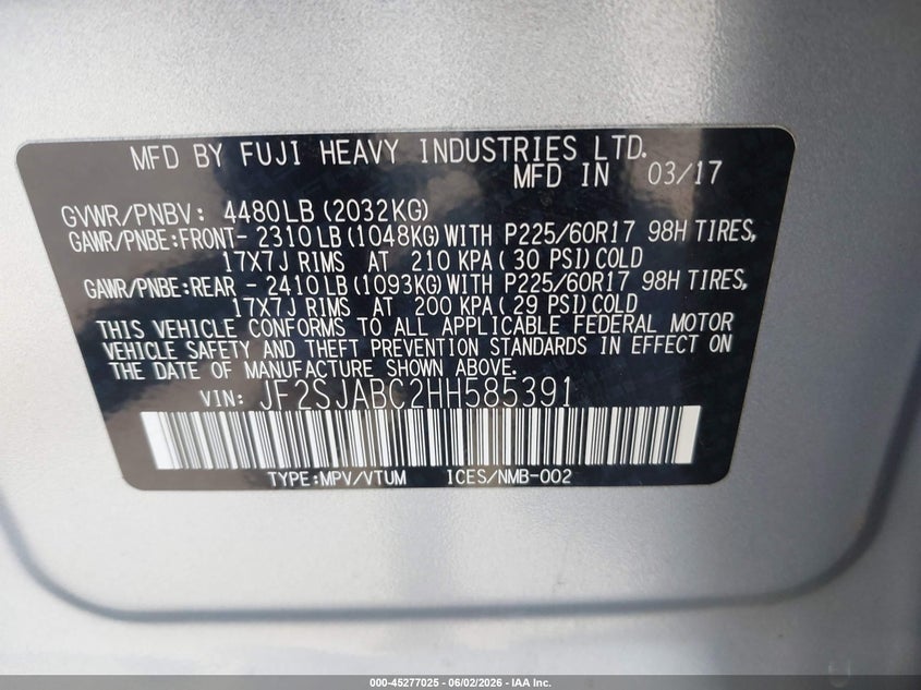 2017 Subaru Forester 2.5I VIN: JF2SJABC2HH585391 Lot: 45277025