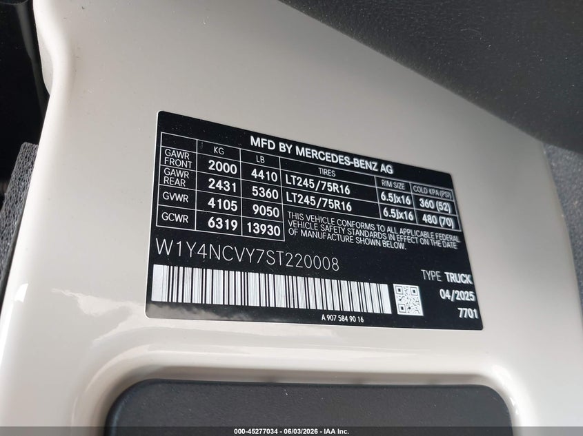 2025 Mercedes-Benz Sprinter 2500 High Roof 4-Cyl Diesel Ho VIN: W1Y4NCVY7ST220008 Lot: 45277034