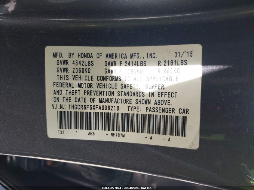 2015 Honda Accord Hybrid Ex-L VIN: 1HGCR6F5XFA006210 Lot: 45277074