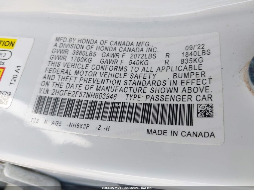 2022 HONDA CIVIC 2.0L I-4 DI, DOHC, V(VIN: 2HGFE2F57NH603946