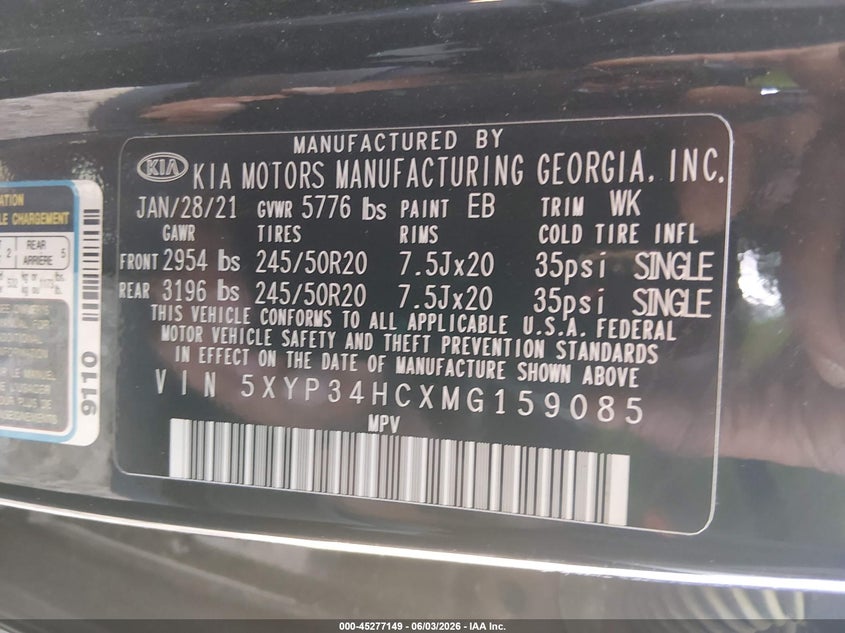 2021 Kia Telluride Ex VIN: 5XYP34HCXMG159085 Lot: 45277149