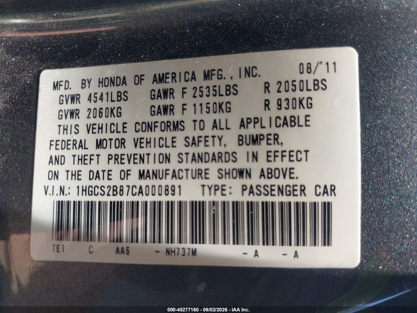 2012 Honda Accord 3.5 3.5 Ex-L grey Lot 111045277160 Vin 1HGCS2B87CA000891