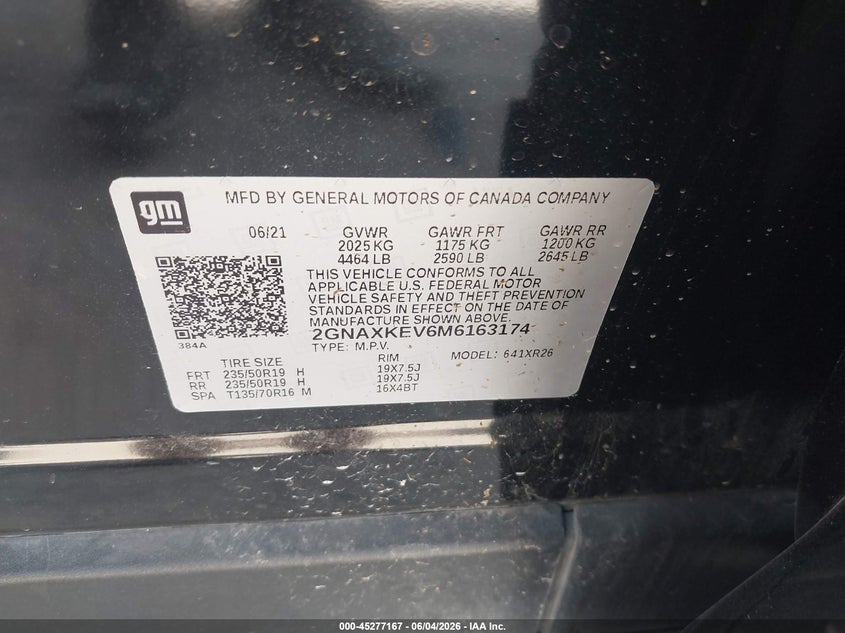 2021 Chevrolet Equinox Fwd Lt VIN: 2GNAXKEV6M6163174 Lot: 45277167