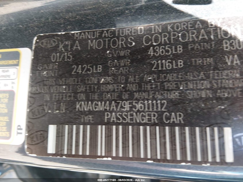 2015 Kia Optima Lx VIN: KNAGM4A79F5611112 Lot: 45277169