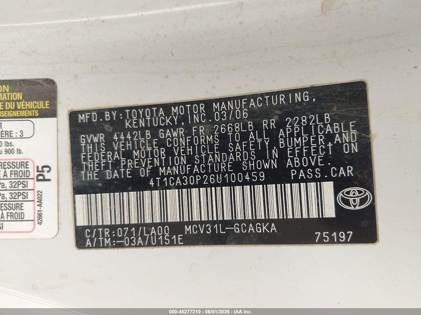 2006 Toyota Camry Solara Sle V6 VIN: 4T1CA30P26U100459 Lot: 45277210