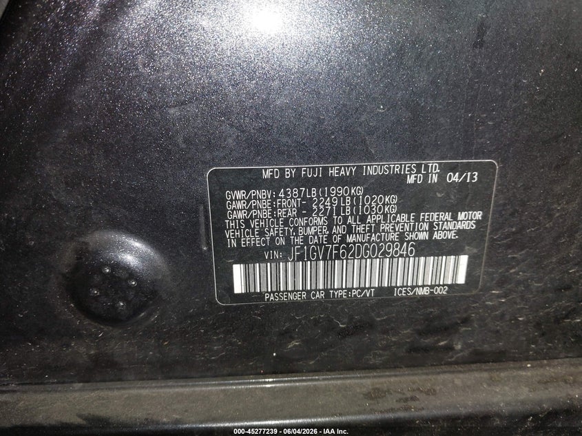 2013 Subaru Impreza Wrx Premium VIN: JF1GV7F62DG029846 Lot: 45277239