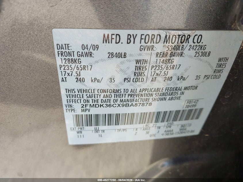 FORD EDGE 2009 VIN 2FMDK36CX9BA87878