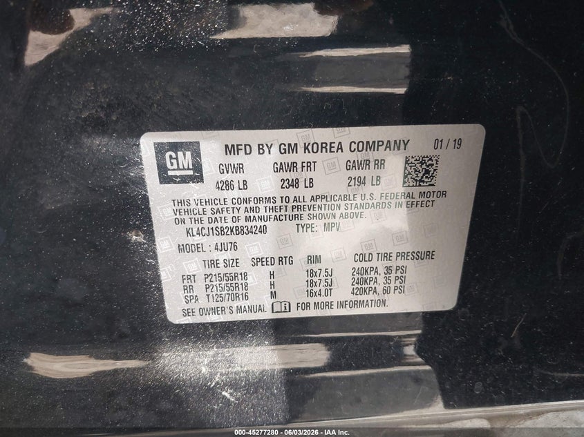 2019 Buick Encore Fwd Sport Touring VIN: KL4CJ1SB2KB834240 Lot: 45277280