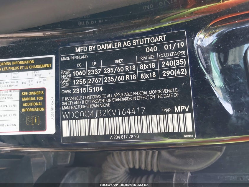 2019 Mercedes-Benz Glc 300 VIN: WDC0G4JB2KV164417 Lot: 45277291