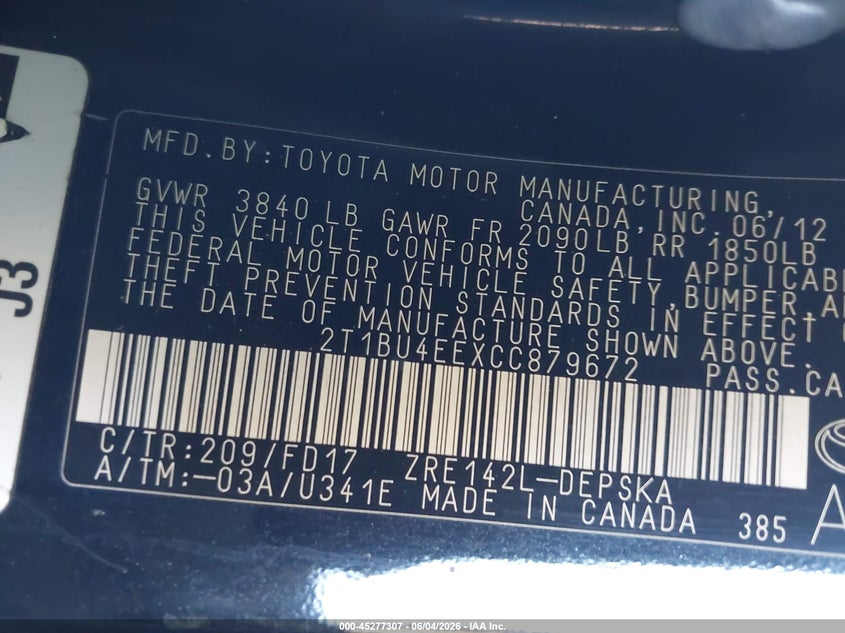 2012 Toyota Corolla 1.8 S black Lot 111045277307 Vin 2T1BU4EEXCC879672