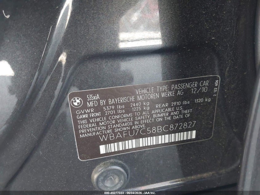 2011 BMW 535I xDrive VIN: WBAFU7C58BC872827 Lot: 45277333