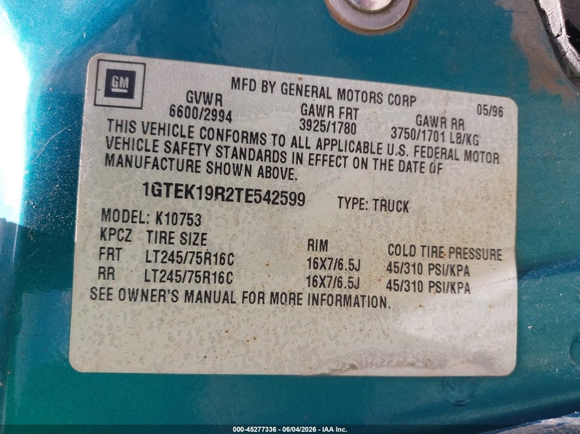 1996 GMC SIERRA COUPE 5.7L V8 FI F