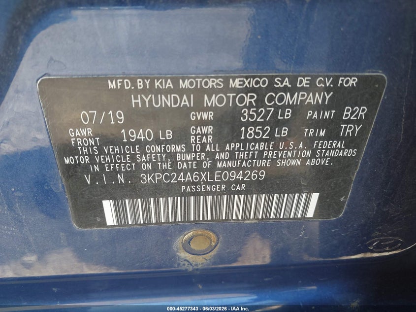 2020 Hyundai Accent Se VIN: 3KPC24A6XLE094269 Lot: 45277343