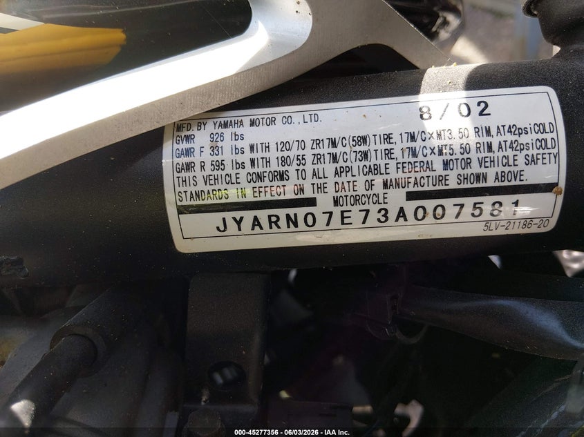2003 Yamaha Fzs10 VIN: JYARN07E73A007581 Lot: 45277356