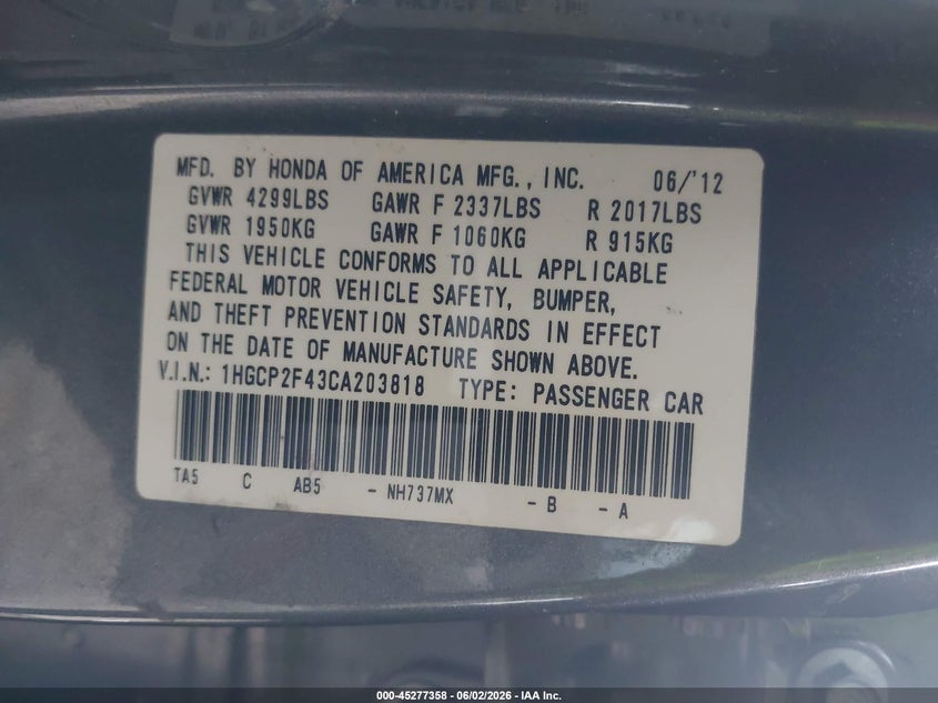 2012 Honda Accord 2.4 2.4 Lx-P grey Lot 111045277358 Vin 1HGCP2F43CA203818