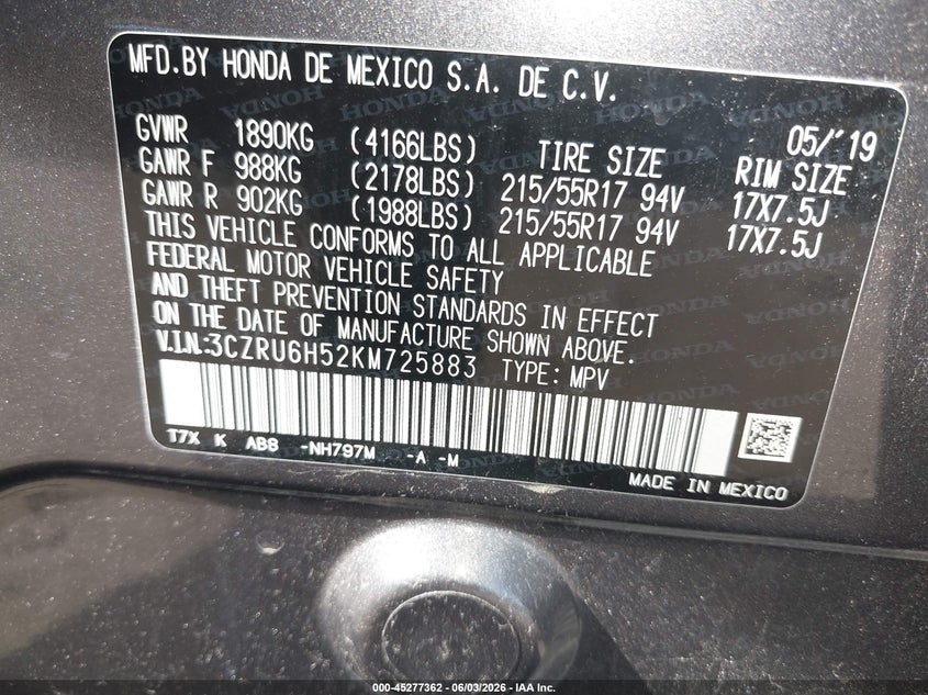 2019 Honda Hr-V Ex VIN: 3CZRU6H52KM725883 Lot: 45277362