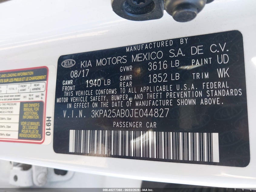 2018 Kia Rio S VIN: 3KPA25AB0JE044827 Lot: 45277368
