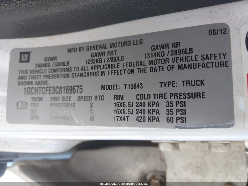 2012 Chevrolet Colorado 1Lt VIN: 1GCHTCFE3C8169675 Lot: 45277375