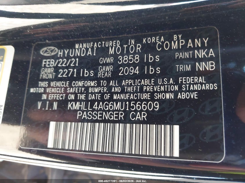VIN KMHLL4AG6MU156609 2021 HYUNDAI ELANTRA SE