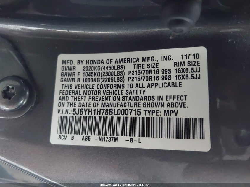 2011 Honda Element Ex VIN: 5J6YH1H78BL000715 Lot: 45277401