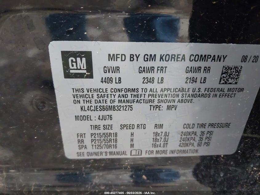 2021 Buick Encore Awd Preferred VIN: KL4CJESB6MB321275 Lot: 45277405
