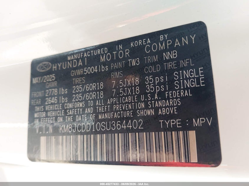 2025 HYUNDAI TUCSON HYBRID 1.6L I-4 DI, DOHC, V(VIN: KM8JCDD10SU364402