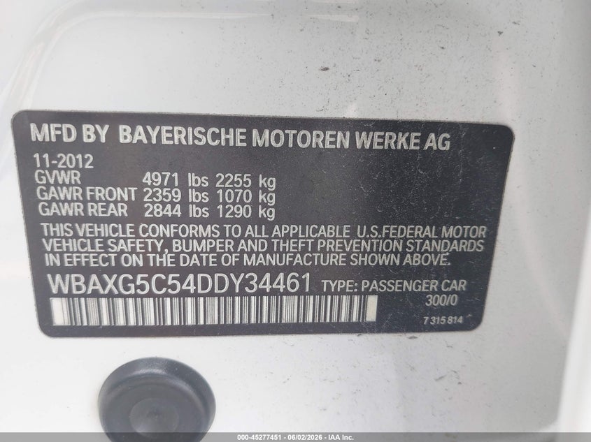 2013 BMW 528I VIN: WBAXG5C54DDY34461 Lot: 45277451