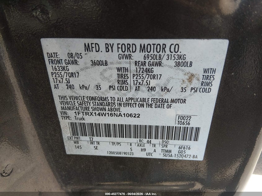 2006 Ford F-150 Stx/Xl/Xlt VIN: 1FTRX14W16NA10622 Lot: 45277476
