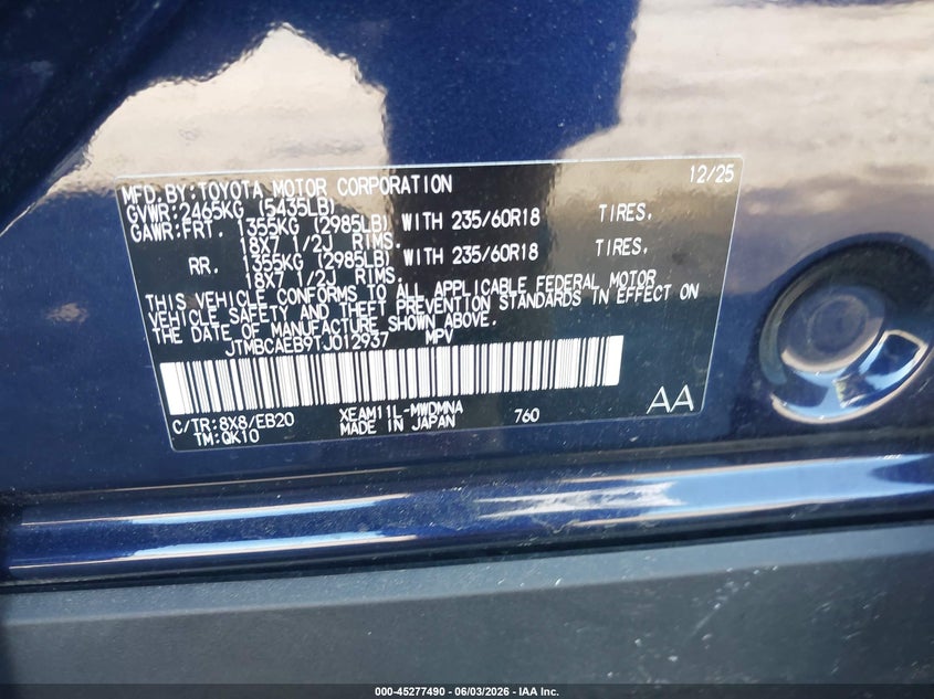 2026 Toyota Bz Xle Plus VIN: JTMBCAEB9TJ012937 Lot: 45277490