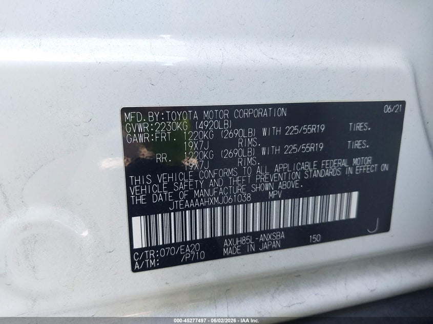 2021 Toyota Venza Limited VIN: JTEAAAAHXMJ061038 Lot: 45277497