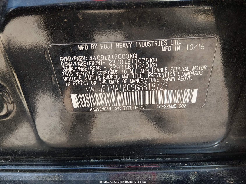 2016 Subaru Wrx Limited VIN: JF1VA1N69G8818723 Lot: 45277552