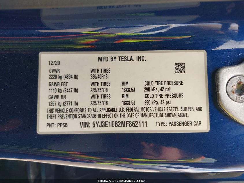 2021 Tesla Model 3 Long Range VIN: 5YJ3E1EB2MF862111 Lot: 45277579