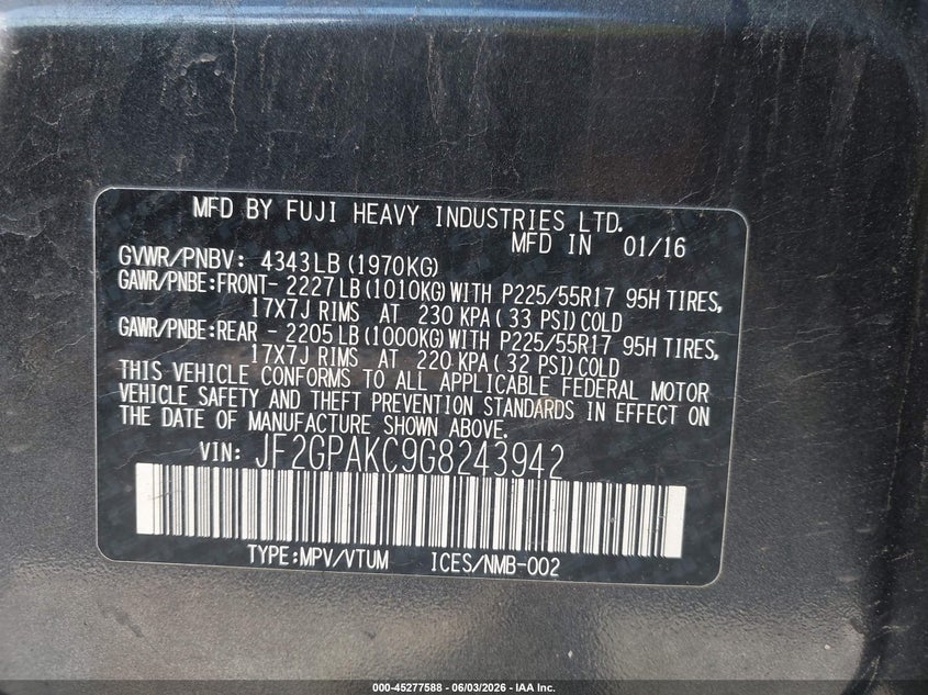 2016 Subaru Crosstrek 2.0I Limited VIN: JF2GPAKC9G8243942 Lot: 45277588