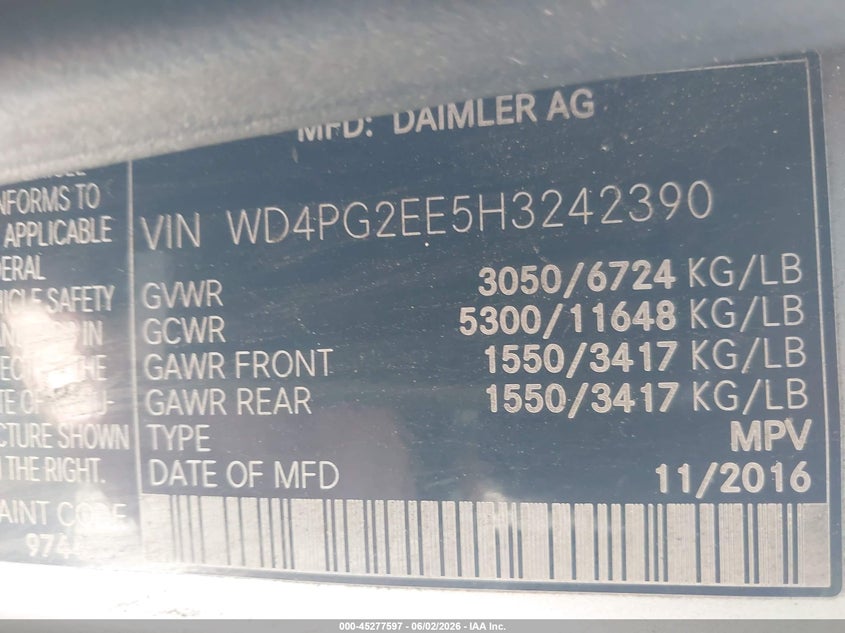 2017 Mercedes-Benz Metris VIN: WD4PG2EE5H3242390 Lot: 45277597