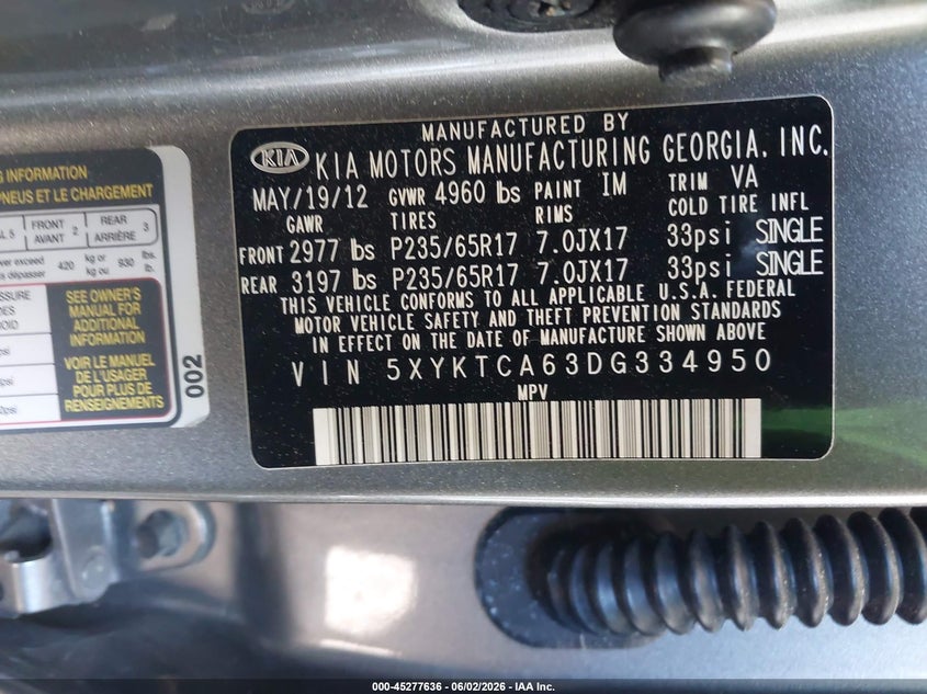 2013 Kia Sorento Lx VIN: 5XYKTCA63DG334950 Lot: 45277636