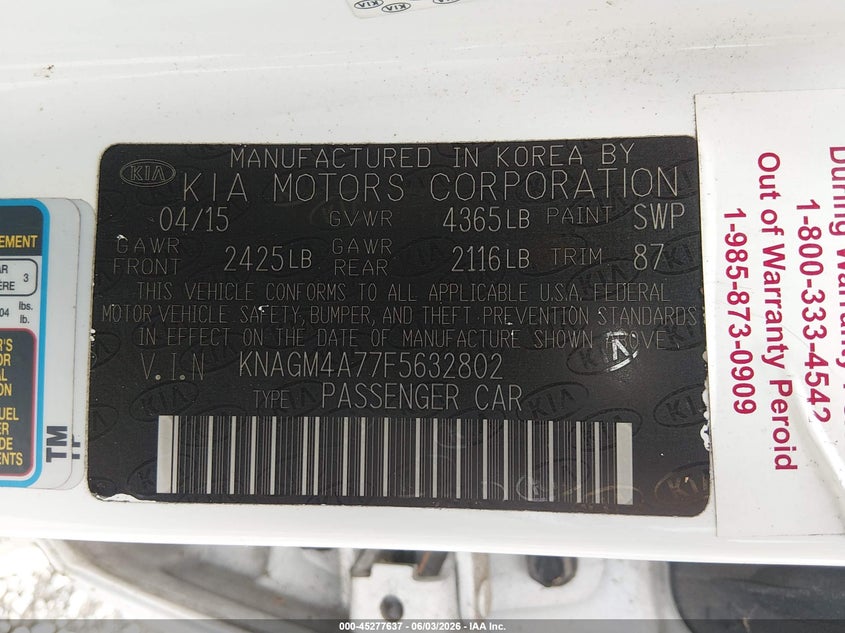 2015 Kia Optima Lx VIN: KNAGM4A77F5632802 Lot: 45277637