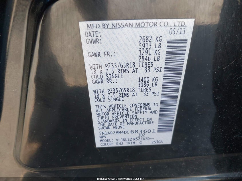 2013 Nissan Pathfinder Sv VIN: 5N1AR2MM4DC683601 Lot: 45277643