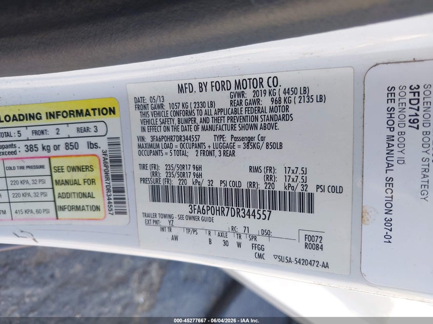 2013 Ford Fusion Se VIN: 3FA6P0HR7DR344557 Lot: 45277667