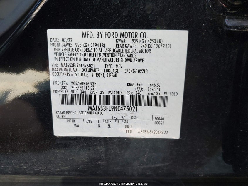 2022 Ford Ecosport S VIN: MAJ6S3FL9NC475021 Lot: 45277670