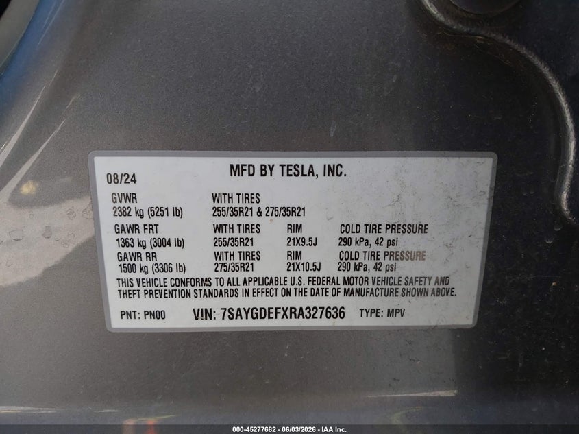 2024 Tesla Model Y Performance Dual Motor All-Wheel Drive VIN: 7SAYGDEFXRA327636 Lot: 45277682