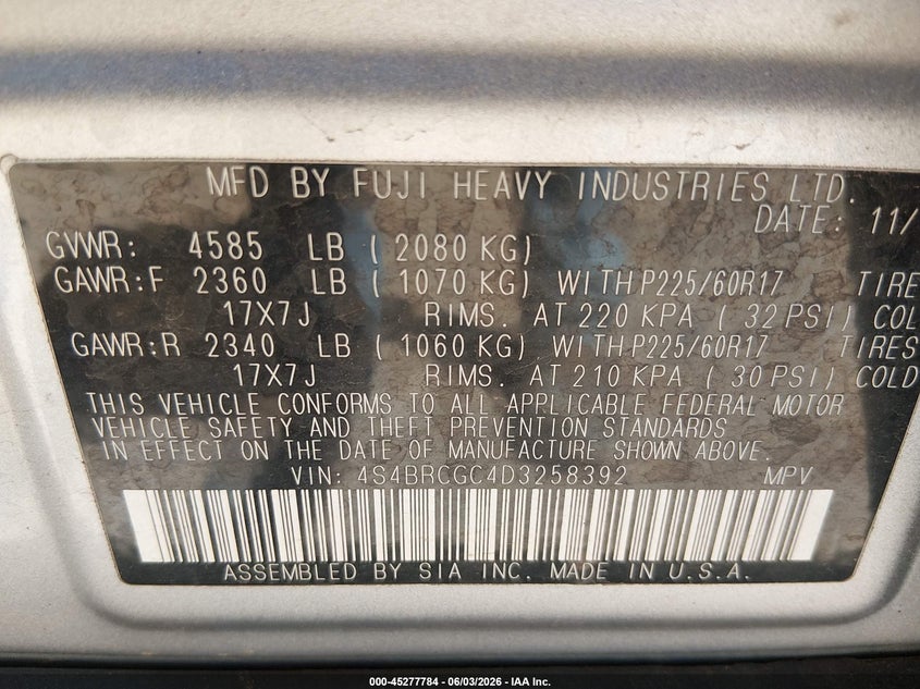 2013 Subaru Outback 2.5I Premium VIN: 4S4BRCGC4D3258392 Lot: 45277784