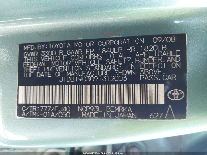 2009 Toyota Yaris VIN: JTDBT903091312003 Lot: 45277804