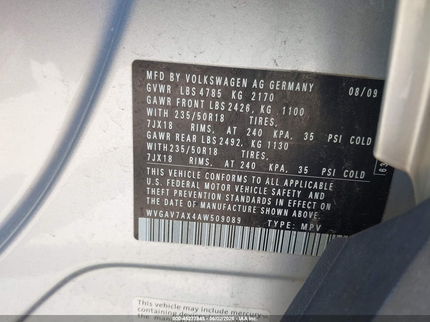 2010 Volkswagen Tiguan Se VIN: WVGAV7AX4AW509089 Lot: 45277845