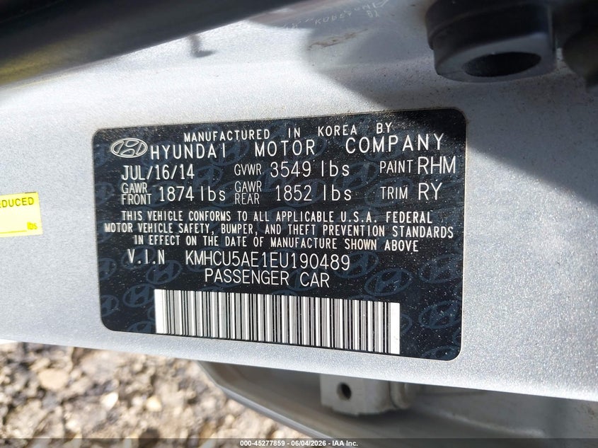 2014 Hyundai Accent Se VIN: KMHCU5AE1EU190489 Lot: 45277859