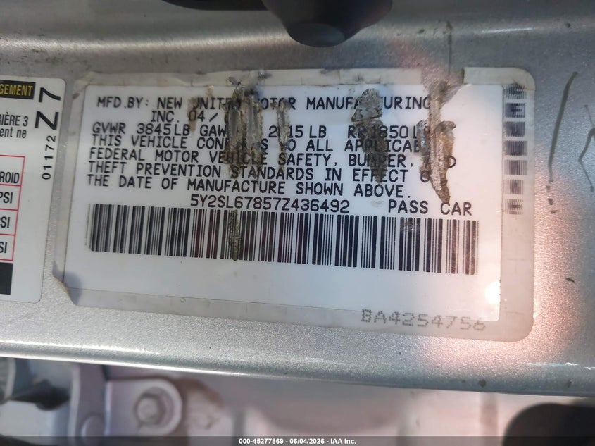 2007 Pontiac Vibe VIN: 5Y2SL67857Z436492 Lot: 45277869