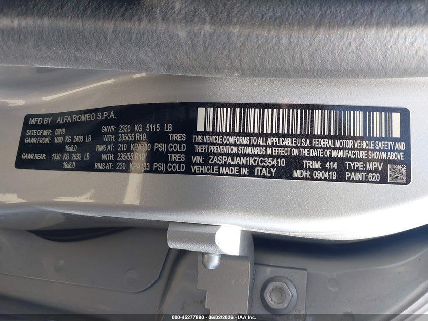 2019 Alfa Romeo Stelvio Sport Rwd VIN: ZASPAJAN1K7C35410 Lot: 45277890