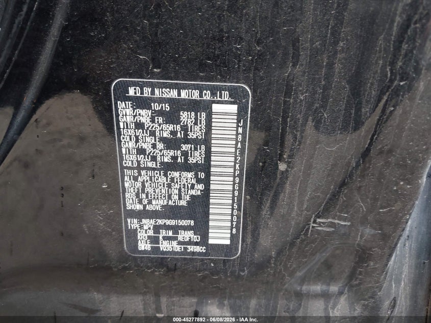 2016 Nissan Quest Platinum/S/Sl/Sv VIN: JN8AE2KP9G9150078 Lot: 45277892